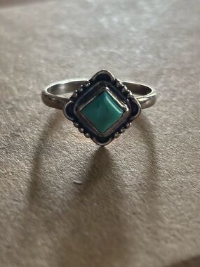 Sterling Silver Turquoise Square/Diamond Ring Size 6